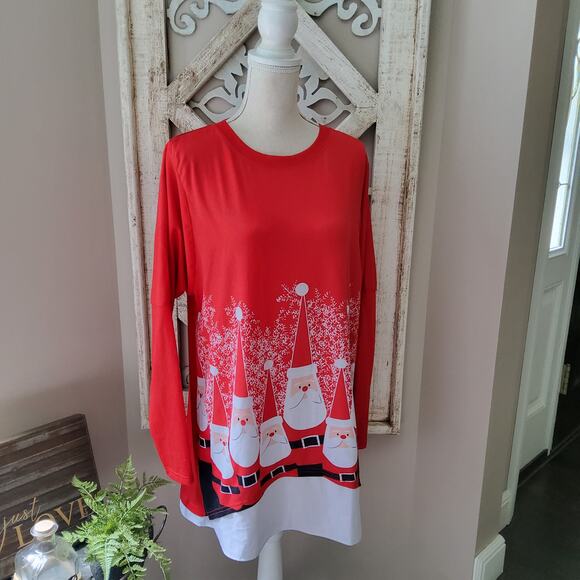 Women's Long Sleeve Layered Christmas Santa Clause Gnome Tunic Top T-Shirt Red - Picture 2 of 9